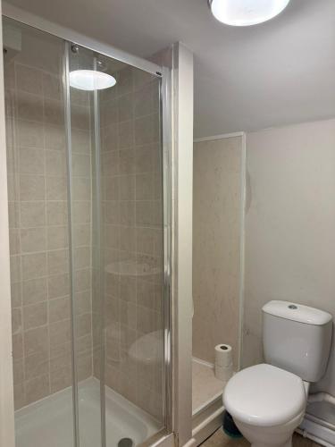 a bathroom with a toilet and a glass shower at The Cross Oak Inn in Blackwood