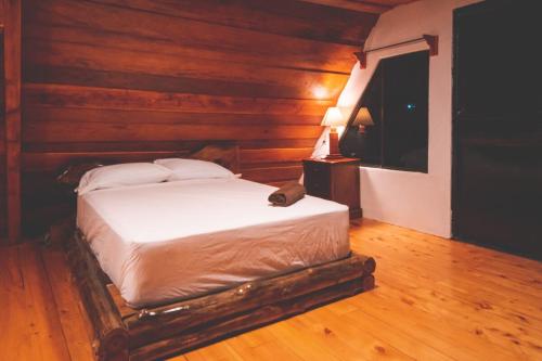 a bedroom with a bed in a room with wooden walls at Calle del Tigre Chalet in Sabana Redonda