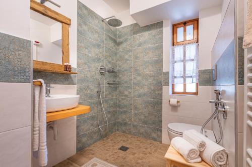 a bathroom with a shower and a toilet and a sink at Residence La Baita in Frassinetto