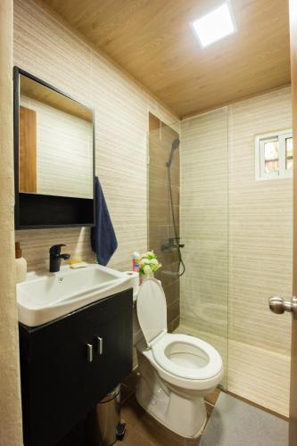 a bathroom with a toilet and a sink and a shower at Cabaña Polo in Concepción de La Vega