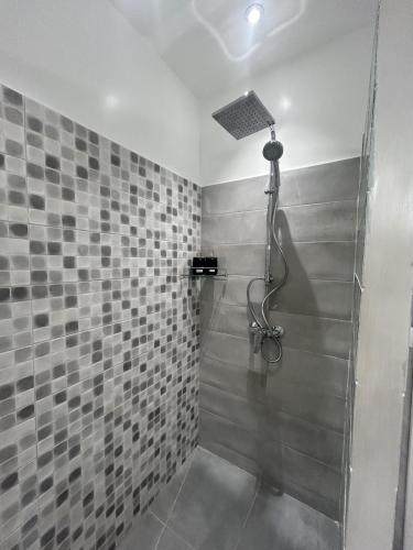 a shower in a bathroom with gray tiles at Jasmine Apartment Tunis in Tunis