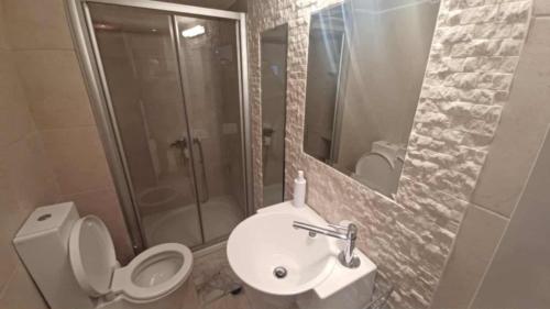 a bathroom with a toilet and a shower and a sink at Villa Veranda in Neoi Epivates