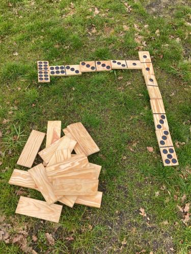 ein hölzernes Brettspiel, das auf dem Rasen liegt in der Unterkunft La Maisonnette in La Flèche