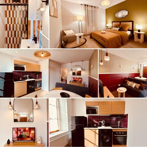 two pictures of a living room and a bedroom at Le Modern Silhouette - Home Homy in Montluçon