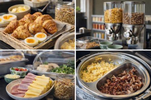 a collage of different pictures of food on a counter at Hotell Navet in Västervik