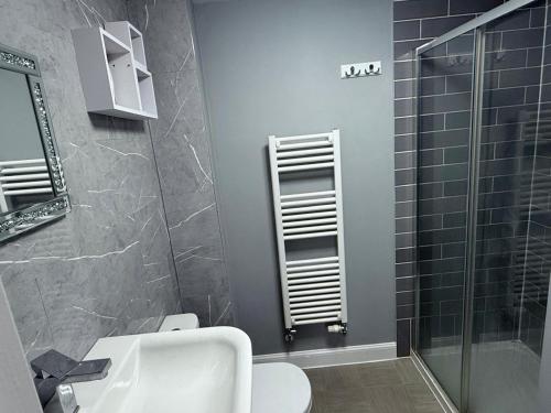 a bathroom with a shower and a toilet and a sink at Chislehurst House in Bedford