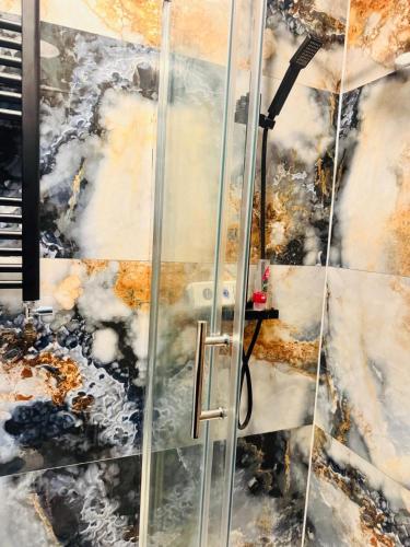 a shower with a glass door in a room at East London Suites 1 in London