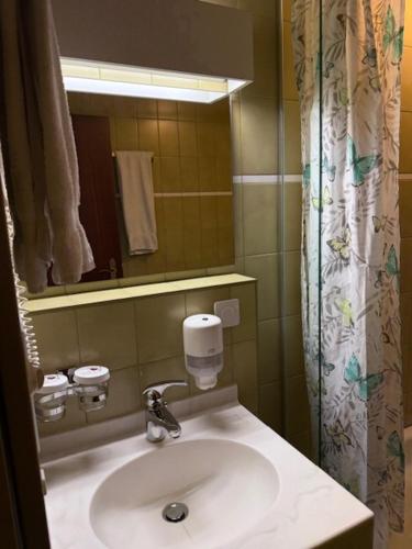 a bathroom with a sink and a mirror at Gasthof zum Falken in Frauenfeld