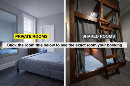 two pictures of a bedroom with a bunk bed at Philly Coed Dorm!! 15 Min Train to Center City!! in Philadelphia