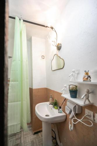 a bathroom with a sink and a green shower curtain at Guest House Jnan Sbil in Fez