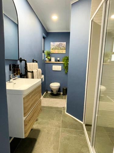 a blue bathroom with a sink and a toilet at Stonehedge Cottages in Franschhoek