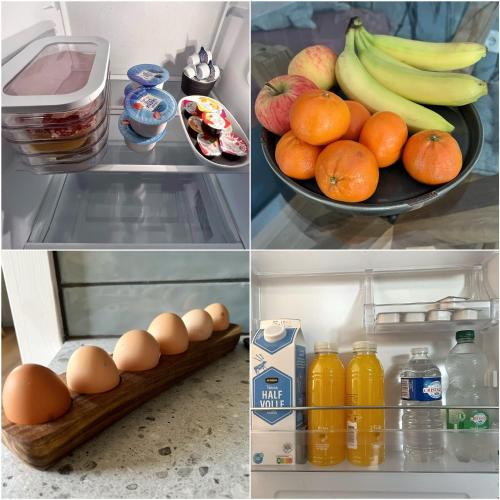 four pictures of an open refrigerator with fruit and eggs at Nisterlo Guesthouse in Nistelrode