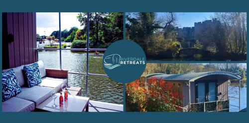a collage of images of a house with a view of a river at Lady Lily Spring Unique River Boat with Castle views in Allington