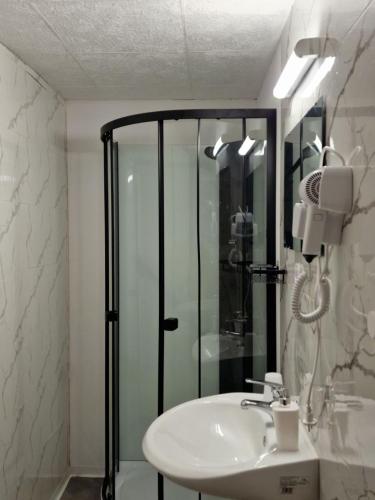 a bathroom with a sink and a glass shower at Apartments by Pension Pale Bach in Bad Hersfeld