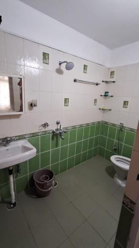 a green and white bathroom with a toilet and a sink at Mayabini Homestay 3BHK in Guwahati