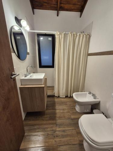 a bathroom with a toilet and a sink and a mirror at Quintasdeconde in San Miguel del Monte