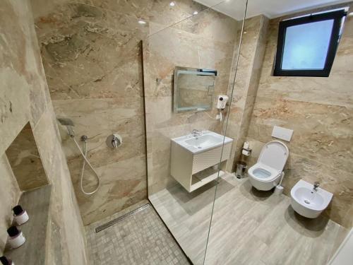 a bathroom with a shower and a toilet and a sink at Hotel Qeparo in Qeparo