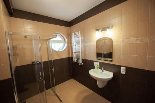 a bathroom with a sink and a shower at Apartamenty Biskupice in Biskupice