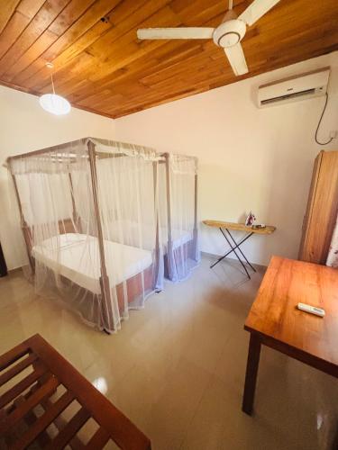 a bedroom with a bed with mosquito net at Hiru Villa in Bentota