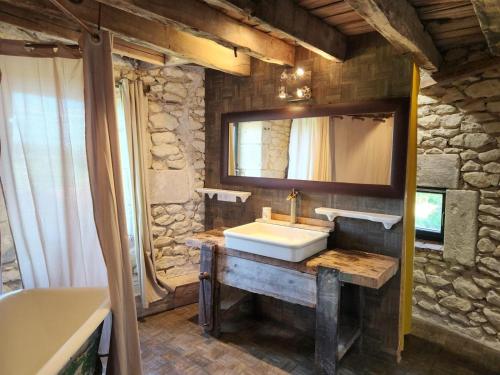 a bathroom with a sink and a mirror at Le Moulin de la Motte Baudoin in Noyers-sur-Cher