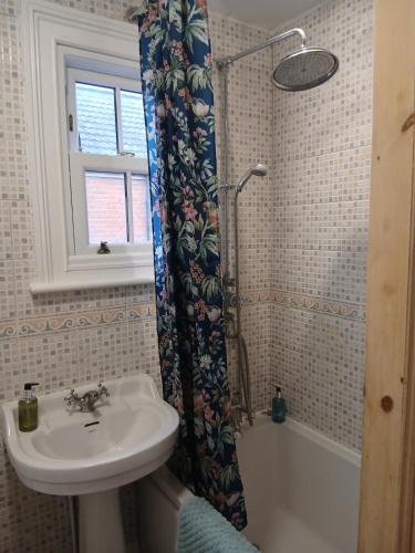 a bathroom with a sink and a shower curtain at Spacious 4 Bedroom House, Garden, Nr Ipswich Town Centre with hot tub in Ipswich