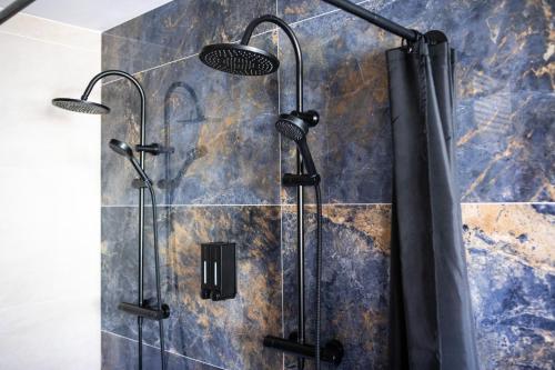 a shower with two shower heads in a bathroom at Gîte Bretzel et Grappe in Ingersheim