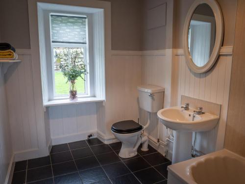 a bathroom with a toilet and a sink and a window at The Bothy in Blairgowrie