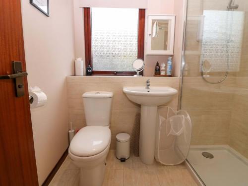 a bathroom with a toilet and a sink and a shower at 48 Edenbank Road in Cupar