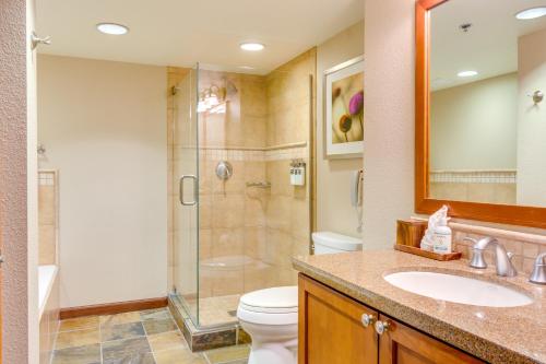 a bathroom with a shower and a toilet and a sink at Everline Resort Suite: North Lake Tahoe Luxury! in Olympic Valley