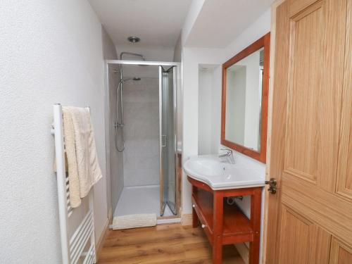 a bathroom with a shower and a sink and a mirror at The Rookery in Greenfield Cross Roads