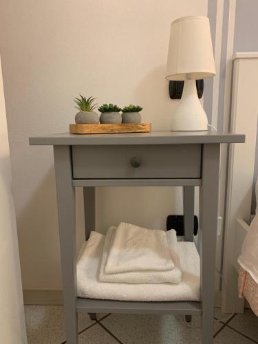 a bedside table with a lamp and potted plants on it at FUORI PORTA NUOVA in Sarzana