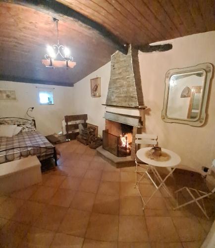 a living room with a fireplace and a bed at Rifugio Felice in Bagnolo Piemonte