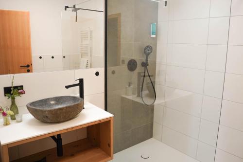 a bathroom with a sink and a shower at Urlaub im Denkmal in Gröbming
