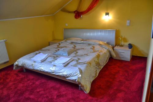 a bedroom with a large bed with a red carpet at Hotel Restauracja Małopolska in Jasło