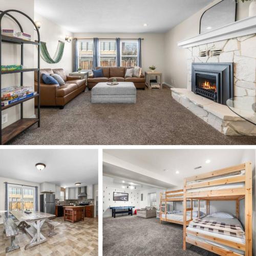 two pictures of a living room with a fireplace at Cozy Orem House - Playground - Game Rm - Bunk Rm in Orem