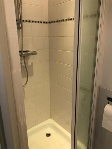 a bathroom with a shower with a toilet at De Knol in Hoek