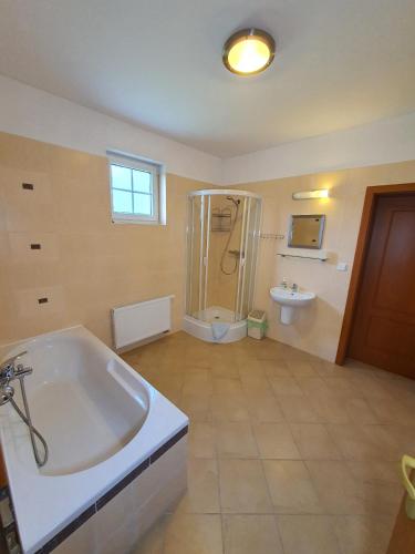 a bathroom with a tub and a shower and a toilet at Villa Rezort Vlašky in Bešeňová