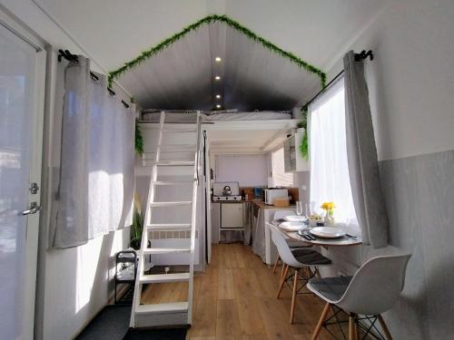 a room with a loft bed and a table and chairs at Koidula Tiny House in Narva-Jõesuu