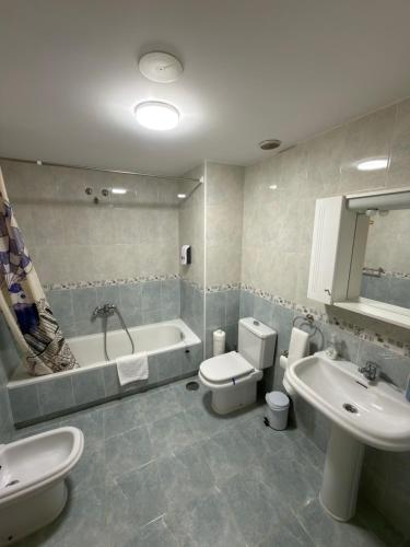 a bathroom with a toilet and a tub and a sink at Villa Arán in Negreira