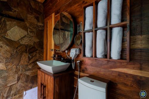a bathroom with a sink and a mirror and a toilet at Hotel Narangala Wooden Villa in Badulla
