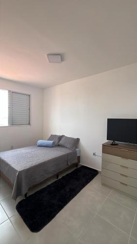 a bedroom with a bed and a flat screen tv at Doce Lar 2 in Pouso Alegre