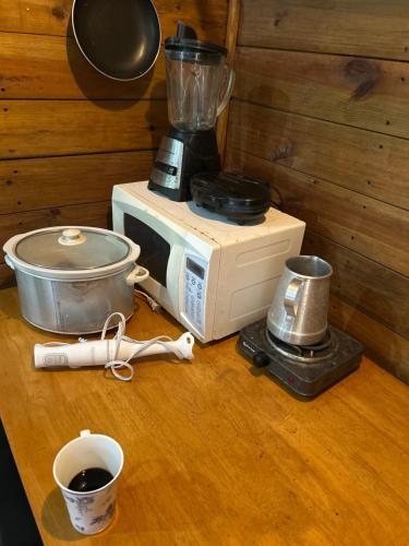 a counter with a blender on top of a microwave at Cabaña-estudio selvatica in Utila