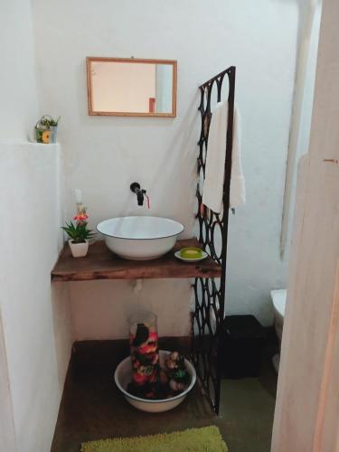 a bathroom with a sink and a bowl on a table at Bocaina Sítio da Vovó in Engenheiro Paulo de Frontin