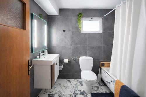 a bathroom with a white toilet and a sink at Archontiko Kastellia - Stone Guesthouse with Fireplace and Mountain View in Evangelístria