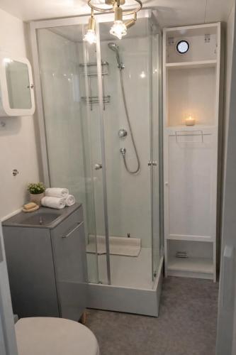 a bathroom with a shower with a glass door at Mobil-home LOFT tout équipé Le Castellet les pins doux in Le Castellet