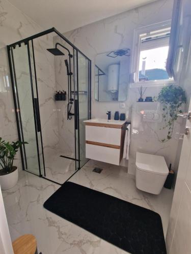 a bathroom with a shower and a toilet and a sink at Yes Boss House Divcibare in Divčibare