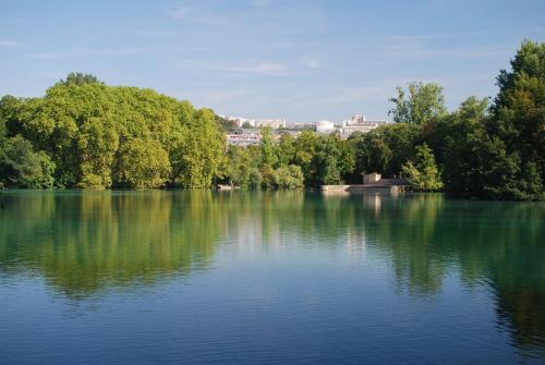 a large lake with trees and a city in the background at Lyon Marriott Hotel Cité Internationale in Lyon