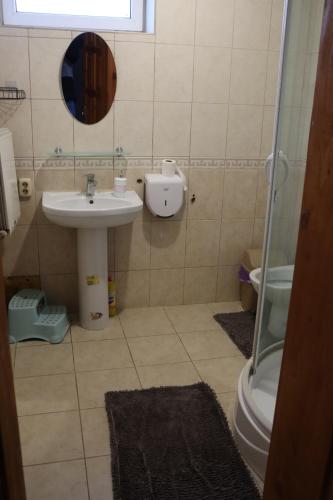 a bathroom with a sink and a toilet and a mirror at Cottage CHILL ZONE in Yaremche