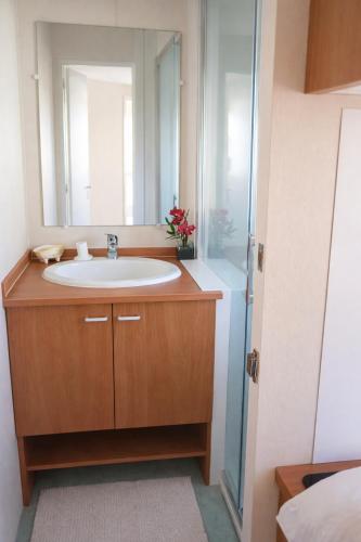 a bathroom with a sink and a mirror at Mobil-home tout équipé Le Castellet les pins doux 2 in Le Castellet