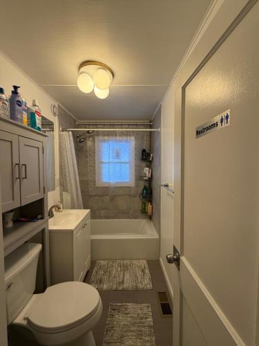 a bathroom with a toilet and a sink and a tub at Natalie House in Boston